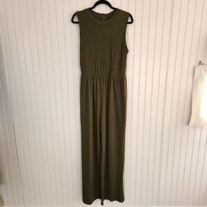 CIDER Olive Green Sleeveless Ribbed Textured High Neck Jumpsuit 0XL